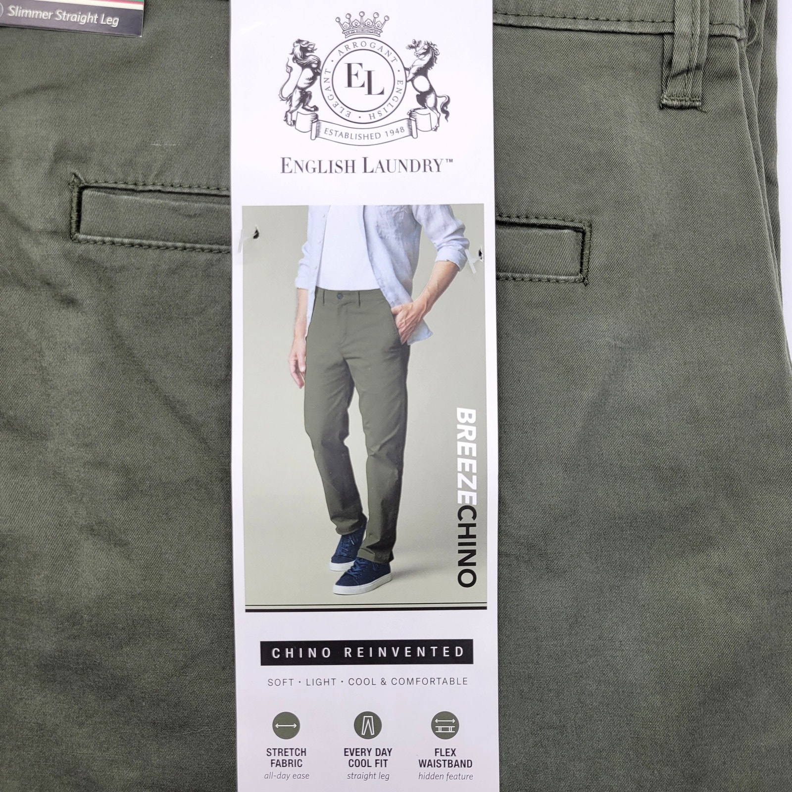 New English Laundry Breeze Chino Pants 38x30 Green Slimmer Straight Stretch — image 2 of 4